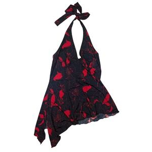 Wild Cat Halter Top Women Medium Black Red Floral Y2K Asymmetrical fairy